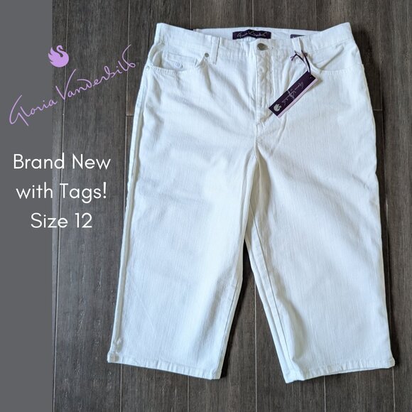 BNWT! Gloria Vanderbilt, Cropped Pants in Stretch Denim White, Size 12 - Picture 1 of 6